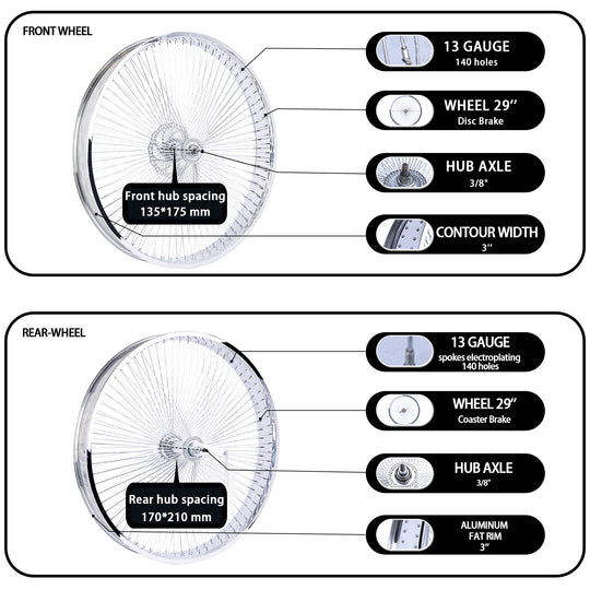 Micargi WH-TH7529140C-CP 29"*3" Chrome Fat Rim Bike Wheelset with Coaster Brake