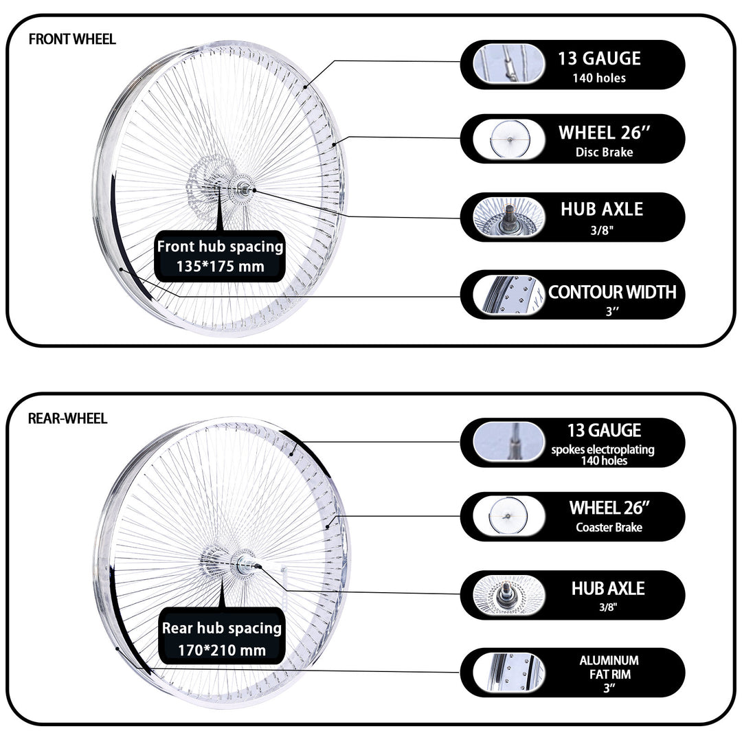 Micargi WH-TH7526140C-CP Lowrider 26*3 Alloy Chrome Fat Rims Wheel Set with Coaster Brake